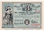 Notgeld Stadt Xanten 1465.1.a , 3 Mark Schein Nr 2 in kfr. von 1921 , Westfalen Seriennotgeld