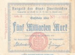 Notgeld Stadt Zweibrücken , 5 Milliarden Mark Schein in gbr. Keller 5829.c von 1923 , Pfalz Inflation