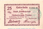 Notgeld Stadt Zweibrücken 8295.10.01 , 25 Pfennig Schein in kfr. von 1917 , Pfalz Verkehrsausgabe