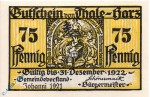 Notgeld Thale , 75 Pfennig Schein in kfr. Fehldruck , Mehl Grabowski 1320.9 d , von 1921 , Sachsen Anhalt Seriennotgeld