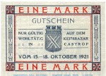 Notgeld Wohltätigkeits Basar Castrop 224.1 , 1 Mark Schein in kfr. von 1921 , Westfalen Seriennotgeld