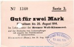 Notgeld Woll-Kämmerei Blumenthal , 2 Mark Schein in kfr.E , Dießner 35.5.b von 1914 , Niedersachsen Notgeld 1914-15