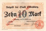 Oldenburg , Banknote 10 Mark --5,5 mm-- in L-gbr Geiger 399.1.a , Niedersachsen 1918 Grossnotgeld