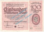 Pirna , Notgeld 100 Millionen Mark Schein in kfr. Keller 4322.e , Sachsen 1923 Grossnotgeld Inflation