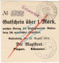 Rastenburg , Notgeld 1 Mark Schein in L-gbr.E Diessner 310.2.a , Ostpreussen 1914 Notgeld 1914-15