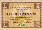 Ravensburg , Banknote 10 Billionen Mark Schein in unc-kfr Keller 4453.f , Württemberg 1923 Inflation