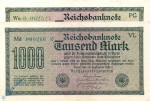 Reichsbanknote , 1.000 Mark Schein gbr , Kn blaugrün , DEU-84 h , Rosenberg 75 , P 76 , vom 15.09.1922 , Weimarer RepublikReichsbanknote , 1.000 Mark Schein gbr , Kn blaugrün , DEU-84 h , Rosenberg 75 , P 76 , vom 15.09.1922 , Weimarer Republik