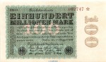 Reichsbanknote , 100 Millionen Mark Schein in gbr. DEU-120.s, Ros.106, P.107 , vom 22.08.1923 , Weimarer Republik - Inflation