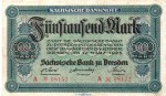 Reichsbanknote , 5.000 Mark Schein in gbr. SAX-14, Ros.752, S.957 , vom 12.03.1923 , Weimarer Republik - Länderbanknote Sachsen