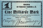 Sontheim , Banknote 1 Milliarde Mark Schein in kfr. Keller 4528 , Württemberg 1923 Inflation