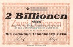 Tannenberg , Banknote 2 Billionen Mark -o.Kn- in unc-kfr Bühn 6890.47 , Sachsen 1923 Inflation