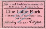 Tichau , Notgeld 1 halbe Mark Schein in kfr. Tieste 7350.05.27 , Oberschlesien 1917 Verkehrsausgabe