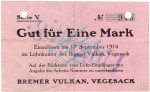 Vegesack , Notgeld 1 Mark Schein in gbr.E , Diessner 412.9 , Bremen o.D. Notgeld 1914-15