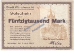 Wimpfen a.N. Banknote 50.000 Mark Schein in L-gbr. Keller 5642.a , Hessen 1923 Grossnotgeld - Inflation